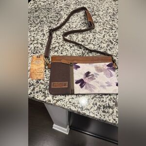 Elegant Brown and Purple Leather Wristlet Clutch